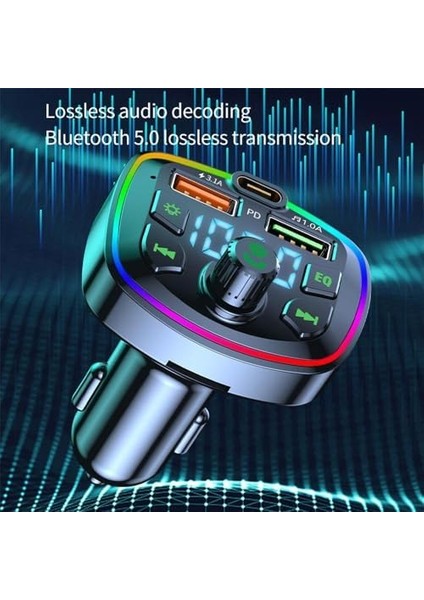 Minuto Q7 NR74 Rgb Renkli Fm Radyo Transmitter Mp3 Çalar Bluetooth 5.0 Çakmaklık Type-C Hızlı Şarj Aleti