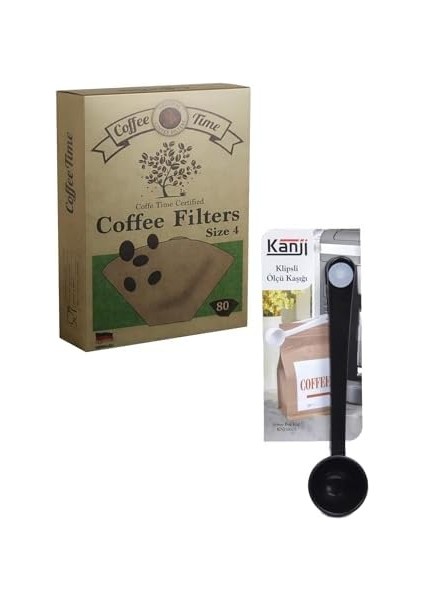 Time Filtre Kahve Kağıdı 1/4 4 Numara 80'Li Paket + Kanji Klipsli Çay Kahve Ölçü Kaşığı - Siyah