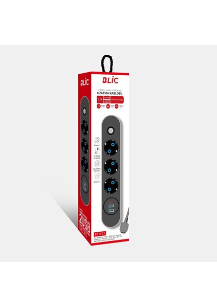 Akım Çocuk Korumalı, 3'lü Priz, 2x USB 1x Type -C Girişli Uzatma Kablosu (2mt Kablo)