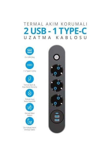 Akım Çocuk Korumalı, 3'lü Priz, 2x USB 1x Type -C Girişli Uzatma Kablosu (2mt Kablo)