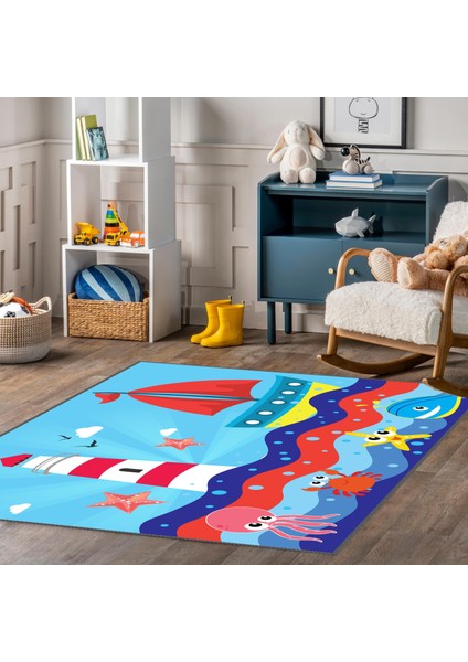 Sea Baskılı Kaymaz Tabanlı Makinede Yıkanabilir Çocuk Halısı