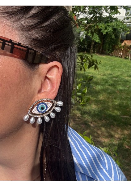 Boncuk Işlemeli Incili Göz Küpe