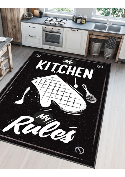 Kitchen Siyah Beyaz Kaymaz Tabanlı Makinede Yıkanabilir Mutfak Halısı