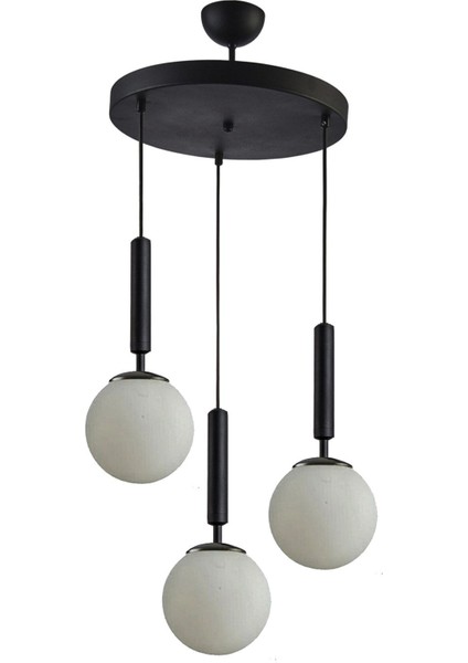 Carla Siyah Renk Gövde Beyaz Camlı Sarkıt Salon - Mutfak - Yatak Odası 3 Lü Avize