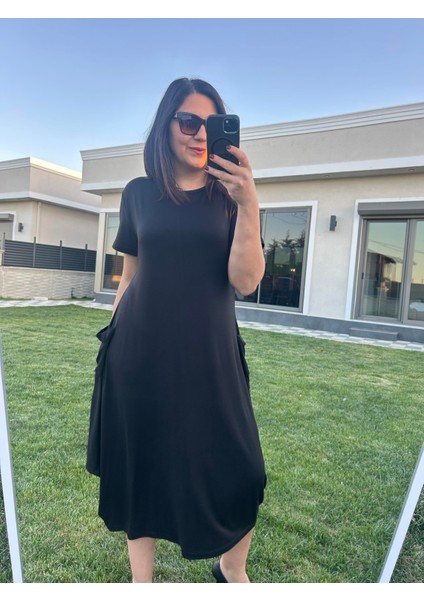 Büyük Beden Diz Altı Asimetrik Kesim Örme Elbise -BGE82