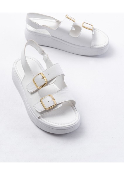 24413-572 Beyaz Günlük Dolgu Topuk Toka Aksesuarlı Kadın Sandalet modelleri