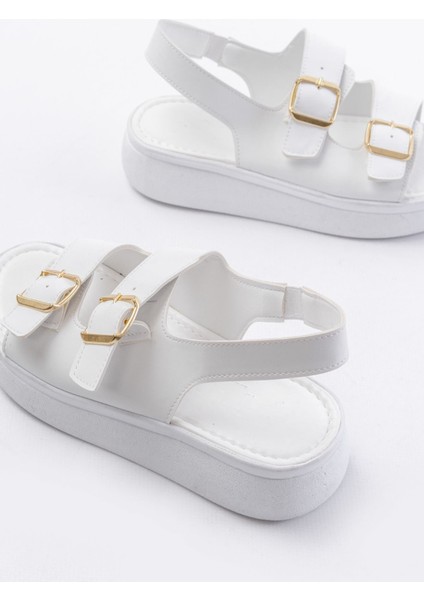 24413-572 Beyaz Günlük Dolgu Topuk Toka Aksesuarlı Kadın Sandalet indirimleri