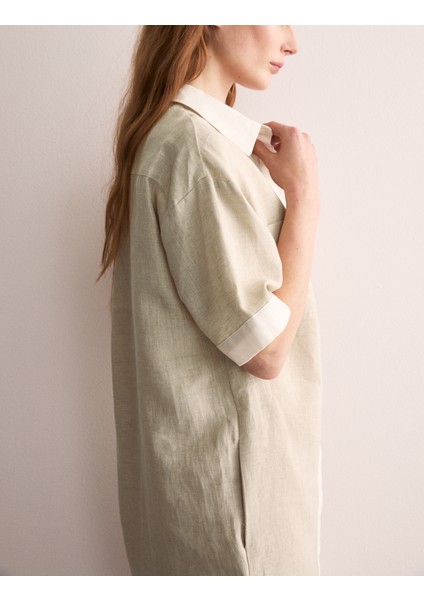 Saf Keten Mini Gömlek Elbise fırsatları