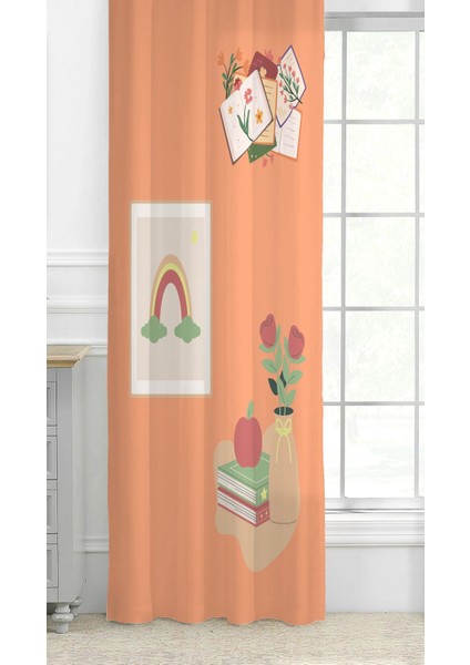 Bohem Çiçek Yaprak Kitap Defter Desenli Özel Tasarım Dijital Baskılı (Tek Kanat) Soft Modern Şık Bej Fon Perde