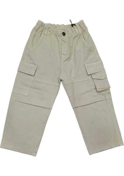 Erkek Çocuk Baggy Model Beli Lastikli Kargo Cepli Krem Renk Keten Pantolon