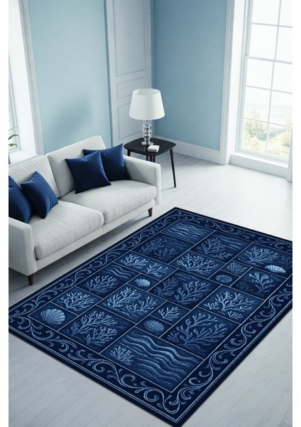 Lacivert Mercan Desenli Patchwork Eskitme Halı Dijital Baskılı Dokuma Kaymaz Tabanlı Yıkanabilir Salon Halısı