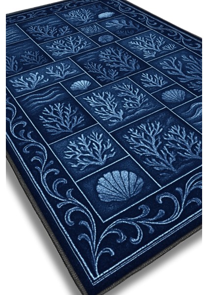 Lacivert Mercan Desenli Patchwork Eskitme Halı Dijital Baskılı Dokuma Kaymaz Tabanlı Yıkanabilir Salon Halısı