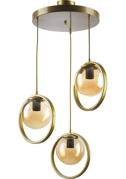Nina Modern Metal Gold Renk Halkalı Kapalı Bal Camlı Sarkıt Salon - Mutfak - Yatak Odası 3 Lü Avize