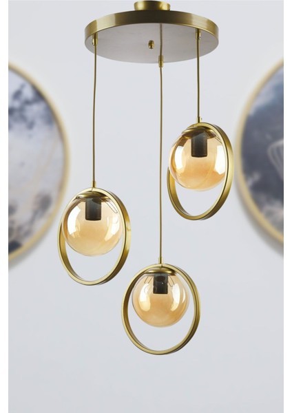 Nina Modern Metal Gold Renk Halkalı Kapalı Bal Camlı Sarkıt Salon - Mutfak - Yatak Odası 3 Lü Avize modelleri