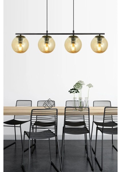 Sezar Salon - Mutfak - Yatak Odası Özel Tasarım Modern Sıralı 4 Lü Bal Glop Camlı Sarkıt Avize