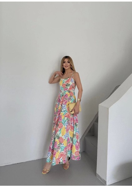 Ip Askılı Cepli Maxi Boy Meyve Desenli Elbise