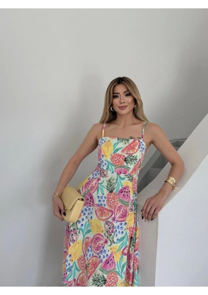 Ip Askılı Cepli Maxi Boy Meyve Desenli Elbise