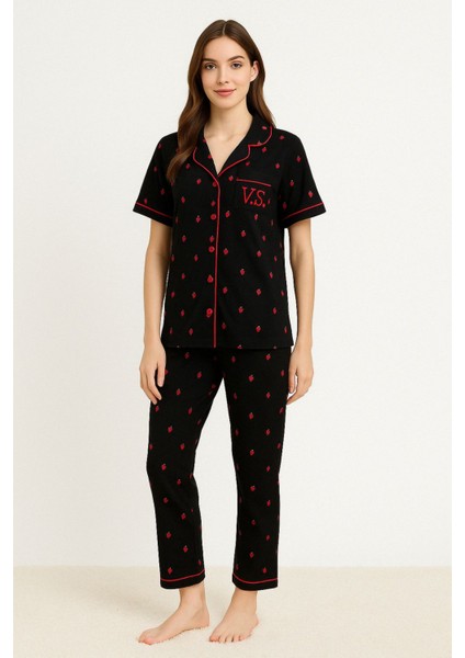Kadın Siyah Çilek Desenli Pamuklu Viskon Pijama Takımı Kısa Kollu Üst Uzun Pijama Alt Rahat Homewear