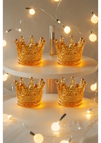4'lü Set Kristal Taç Mumluk Gold
