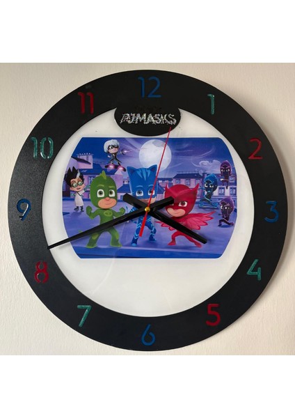 Kıds - Pijamaskeliler (Pj Masks) Temalı Ahşap Çocuk Odası Duvar Saati - 40 cm
