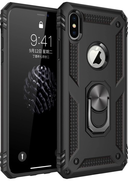 Apple iPhone Xs Max Kılıf Sofya Yüzüklü Silikon Kapak - Siyah Glstd