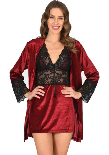 Yeni Sezon Rahat Zarif Kadın Büyüleyici Bordo Kadife Dantelli Sabahlık Gecelik Takım 2'li Set fiyatları
