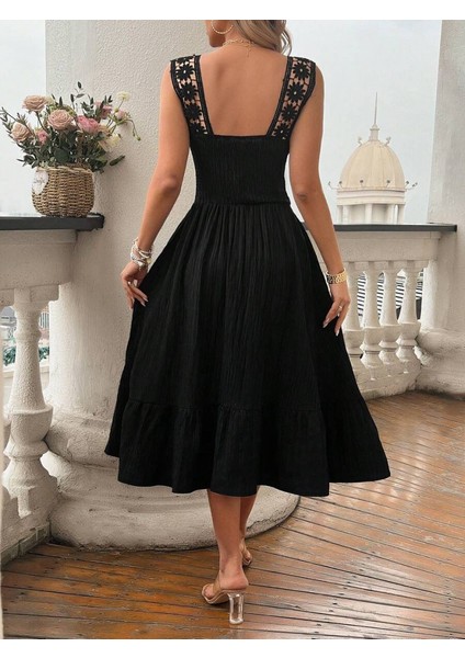 Kadın Askılı ve Beli Dantel Detaylı Fırfırlı Uzun Bürümcük Elbise modelleri