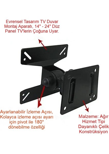 14-24'' Hareketli Tv Duvar Askı Aparatı 180° Dönebilen 15KG Taşıma Kapasiteli Sphc Çelik Siyah