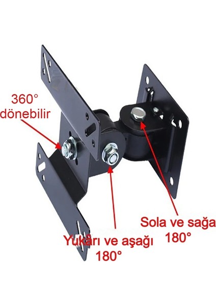 14-24'' Hareketli Tv Duvar Askı Aparatı 180° Dönebilen 15KG Taşıma Kapasiteli Sphc Çelik Siyah