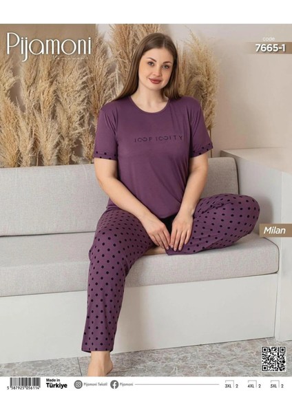 Kadın Milan Büyük Beden Bisiklet Yaka Kısa Kol Ince Pijama Takımı 7665/1- 1 Adet