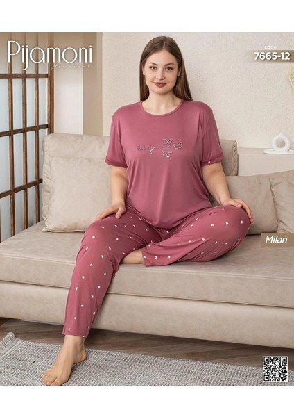 Kadın Milan Büyük Beden Bisiklet Yaka Kısa Kol Ince Pijama Takımı 7665/12- 1 Adet