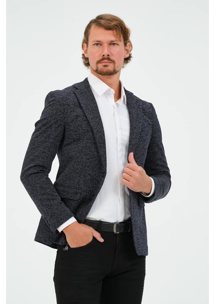 Erkek Slim Fit Blazer Ceket Lacivert Desenli