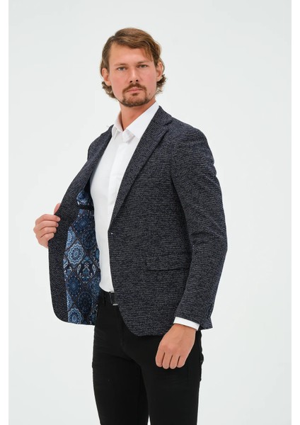 Erkek Slim Fit Blazer Ceket Lacivert Desenli