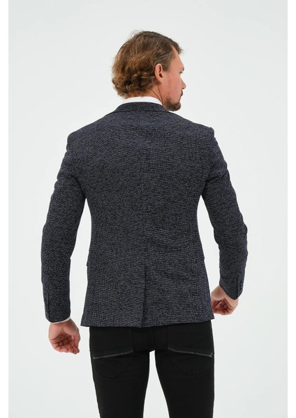 Erkek Slim Fit Blazer Ceket Lacivert Desenli