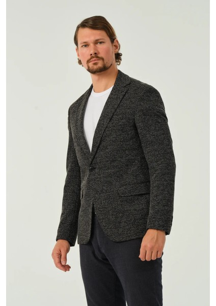Erkek Slim Fit Blazer Ceket Siyah Desenli