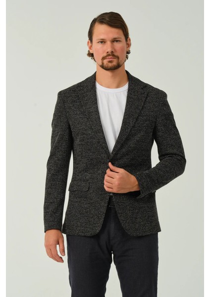 Erkek Slim Fit Blazer Ceket Siyah Desenli