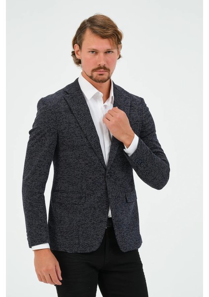 Erkek Slim Fit Blazer Ceket Lacivert Desenli