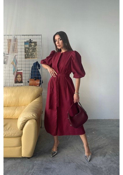 Tencel Karpuz Kol Elbise - Bordo
