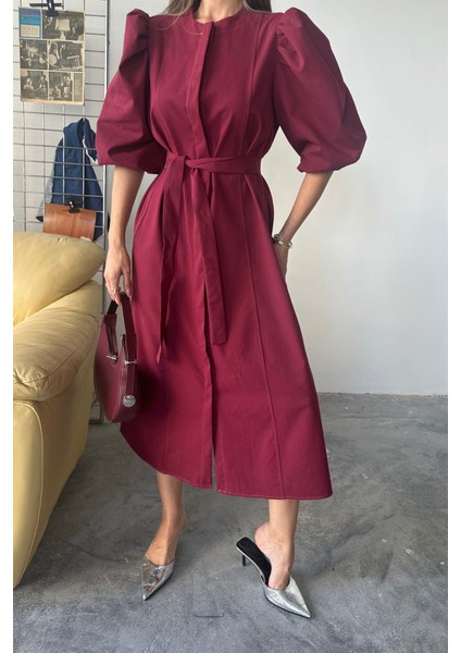 Tencel Karpuz Kol Elbise - Bordo