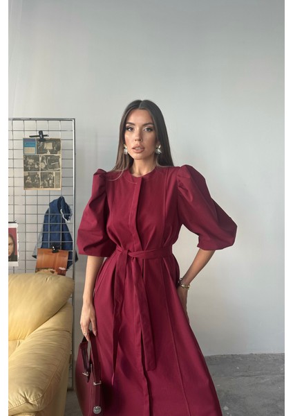 Tencel Karpuz Kol Elbise - Bordo