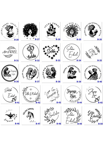 Kişiye Özel Kaşe, Isim Yazılı Kaşeler, Hediyelik Mühürler, Kitap Mührü B Serisi (100 Model)