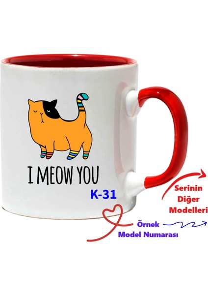 Kedili Tasarım Kupalar, Hediyelik Kupa, Kırmızı Kupa, Sevgiliye Kedili Kupa K Serisi (100 Model)