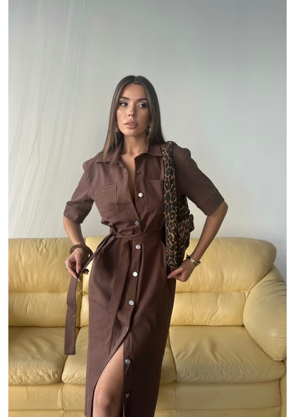 Tencel Önden Düğmeli Kısa Kol Elbise - Kahverengi