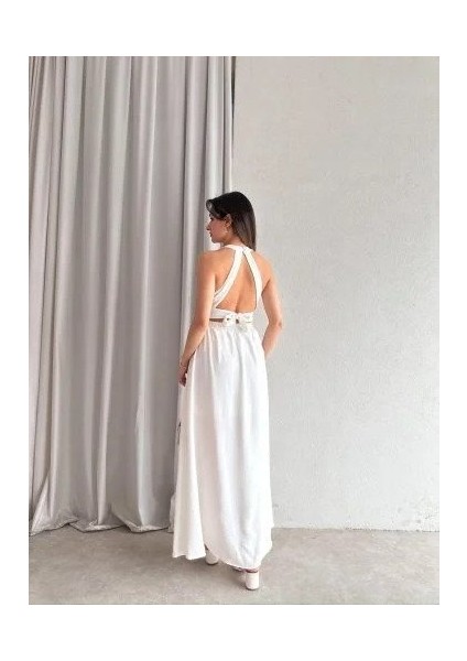Kadın Krinkil Kumaş Beli Gipeli Halter Yaka Maxi Boy Elbise