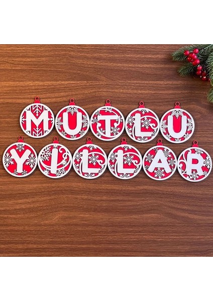11 Harfli Kırmızı Beyaz Ipli Mutlu Yıllar Yazılı Ahşap Yılbaşı Ağaç Süsü (4887)