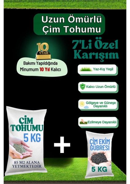 Çim Ekim Paketi 7'li Karışım Uzun Ömürlü Basmaya Dayanıklı 4 Mevsim Yeşil Gübreli Set 5 kg