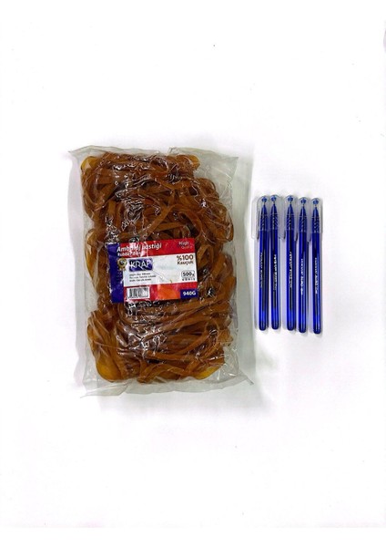 Büro Tükenmez Kalem Mavi (5 Adet)-Ambalaj Lastiği Geniş 500GR. %100 Kauçuk - Set 16