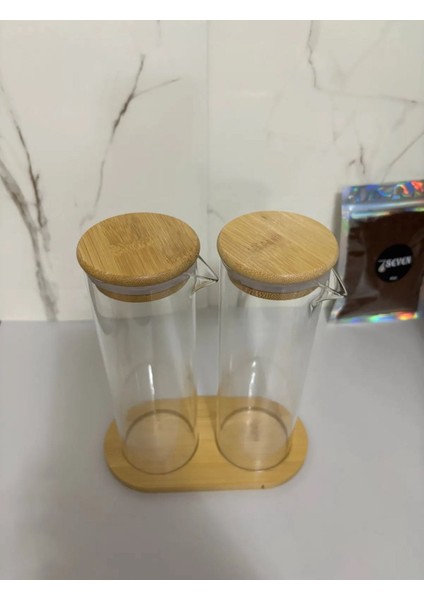Bambu Kapaklı Ibrikli 400ML 2li Yağlık Bambu Altlıklı