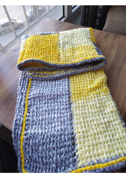 Sarı Gri Renk Bloklu Kadife Bebek Battaniyesi Handmade