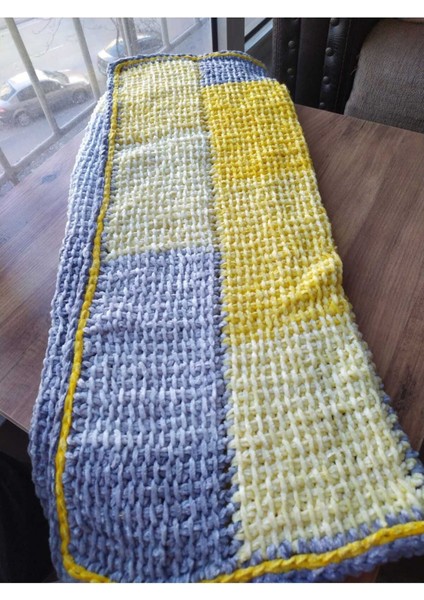 Sarı Gri Renk Bloklu Kadife Bebek Battaniyesi Handmade